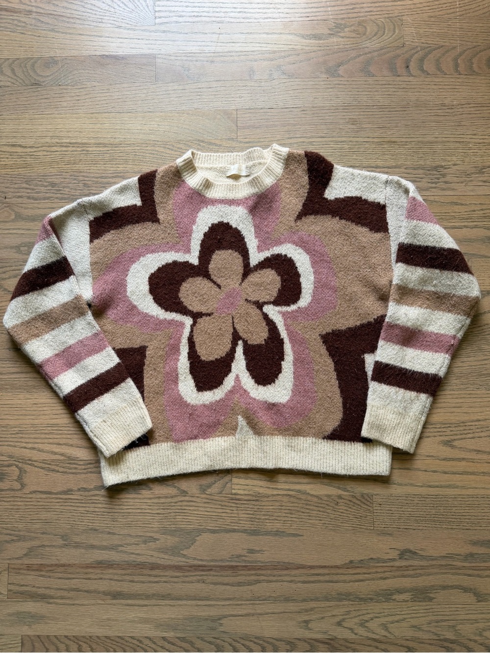 Altar'd State Floral Intarsia Crewneck Sweater - Pink, Brown, Cream